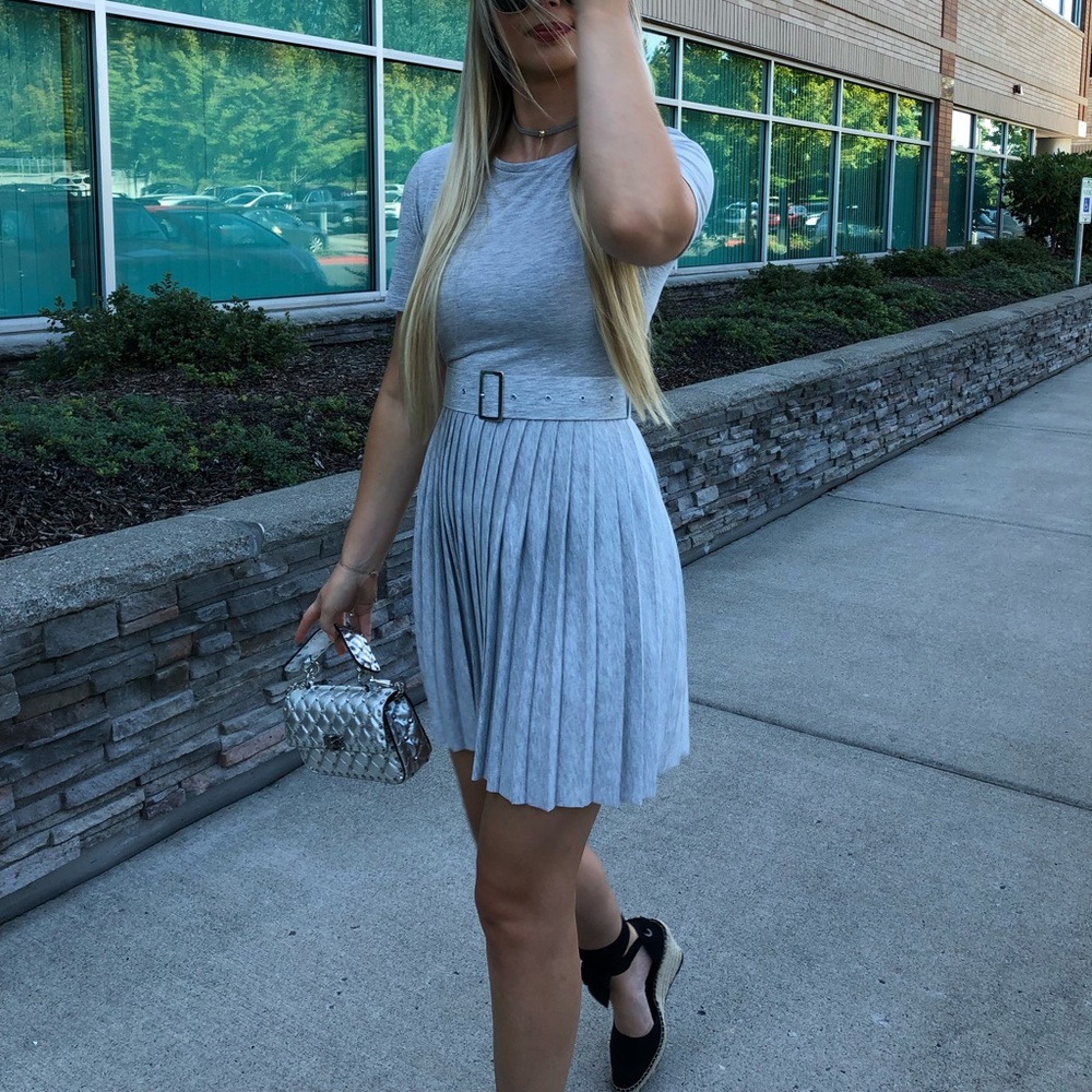 ASOS Gray Pleated Mini Dress with Belt Small Blogger Favorite